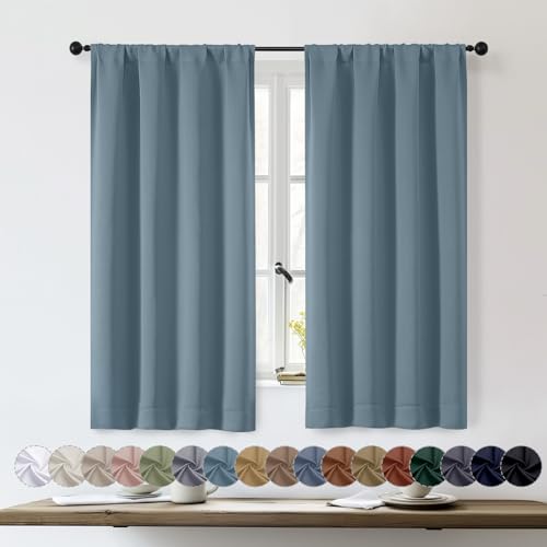 OWENIE Sally Stone Blue Short Blackout Curtains for Bedroom Living Room 54 Inch Length 2 Panels, Solid Thermal Insulated, Energy Saving Window Treatment Curtains Blackout Drapes, W40 x L54, Stone Blue