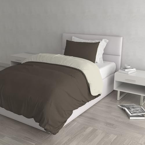 Italian Bed Linen Natural Color Duvet Cover Set with Doubleface Solid Colour Bag Sheet and Pillowcase, 100% Cotton, Brown/Cream, single