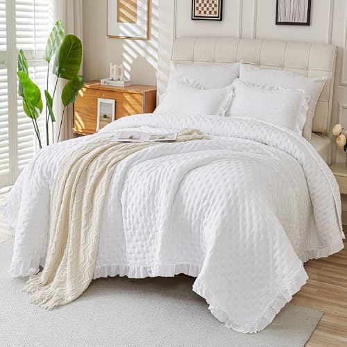 Cmfshape White Ruffle Quilt Set Queen Size ??? Soft Lightweight Bedspread with Scalloped Edge, Breathable Summer Quilt Bedding, Shabby Chic Ruffle Bedding Set for Bedroom & Guest Room