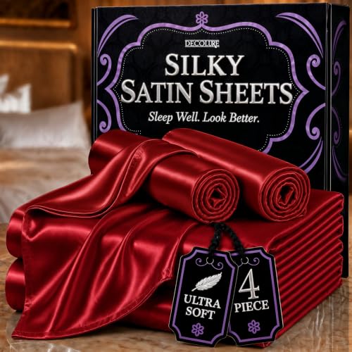 DECOLURE Satin Bed Sheets - 4 Piece Luxury Silky King Size Bedding Set - Softer Than Silk, Wrinkle-Free with 15??? Deep Pocket Fitted Sheet, Perfect for Hair & Skin, Gifts for Women (Red)
