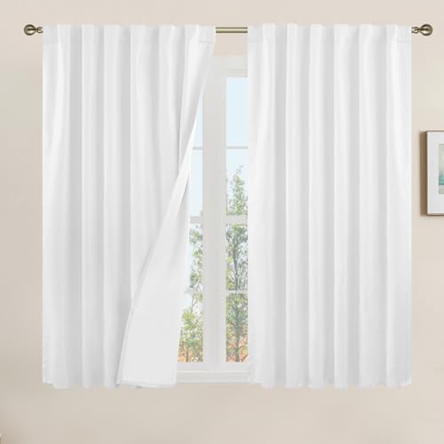 LAMIT White Linen Textured Blackout Curtains 54 Inches for Bedroom, Thermal Farmhouse Curtains Back Tab and Rod Pocket Privacy Protected Burlap Panels with White Liner, 2 Panels, 52 x 54 Inch