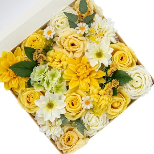 FANKO Artificial Flowers for DIY, Yellow Faux Flowers Bouquet, Fake Rose Dahlia Daisy Cosmos Silk Flowers for Vase, Home Decor, Garlands, Garden Wedding, Party, Birthdays