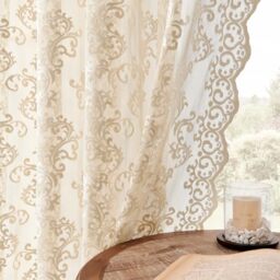 FOLKSIDE 2 Pack Beige Lace Curtains Victorian Floral Pattern Coffee Kitchen Light Filtering Semi-Transparent Paisley Pattern for Small Window Privacy 52W x 45L Inch