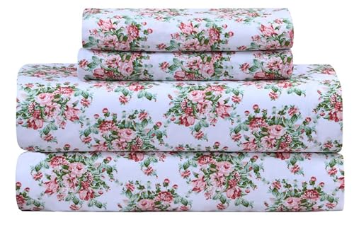 Feather & Stitch 300 Thread Count 100% Cotton Percale Weave Bed Sheets + 2 Pillowcases, Fits Mattress 16'' Deep Pocket, Luxury Breathable 4 Piece Bedding Set, (Floral King)