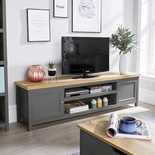 Home Source TV Stand 180cm – Dark Grey & Sonoma Oak Effect, 2 Cupboards and 2 Shelves - 180W x 39D x 50H cm - Fits TVs up to 70 Inch