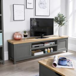 Home Source TV Stand 180cm – Dark Grey & Sonoma Oak Effect, 2 Cupboards and 2 Shelves - 180W x 39D x 50H cm - Fits TVs up to 70 Inch