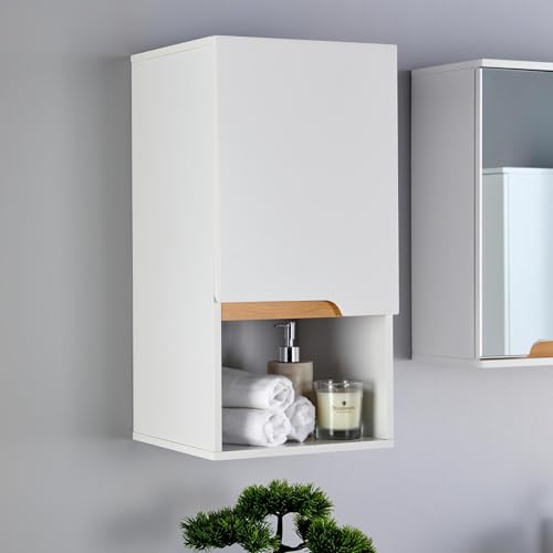 Home Source- Florence Wall Mounted Bathroom Cabinet – White, Soft Close Door, 3-Shelves with 1-Open Shelf, 60cm Tall Cupboard, Vanity Storage Unit 30x30x60cm