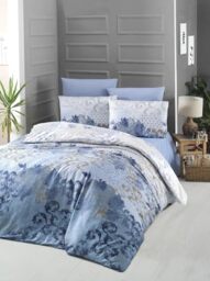 Nuit Des Rêves Luxurious Satin King Quilt Cover Set (200 x 220 cm), 100% Cotton, 210 Thread Count, Blue/White/Brown, Machine Washable, Elegant Button Closure, 2 Pillowcases