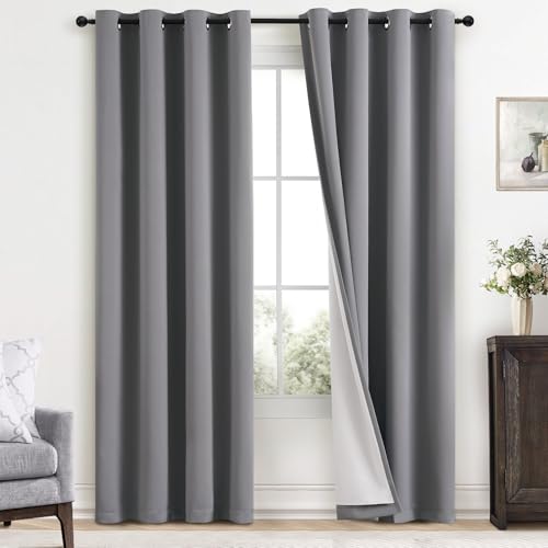 Yakamok Grey Room Darkening 100% Blackout Curtains Grommet Window Treatments with 2 Thick Layers-Gray Thermal Insulated Drapes Set of 2 Panels for Bedroom Living Room 52 Inches by 84 Inches Length