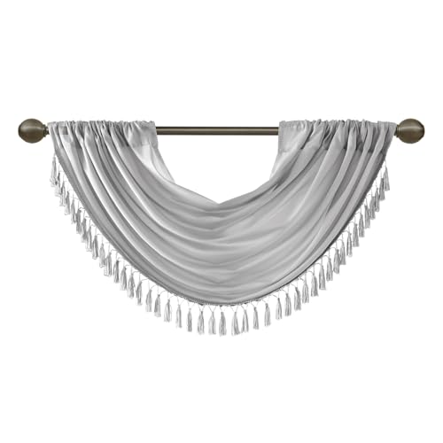 "Madison Park Elena Faux Silk Watarfall with Tassel Trim Embelished Curtain Window Valance, Rod Pocket fits Up to 1.25"" Diameter, Machine Washable, 38x46, Silver"