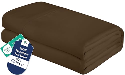 Royale Linens Queen Flat Sheet - Ultra Soft Brushed 1800 Microfiber Flat Sheets Only - Wrinkle Free & Stain Resistant - Hotel Quality Top Sheet for Bed (Queen, Chocolate)