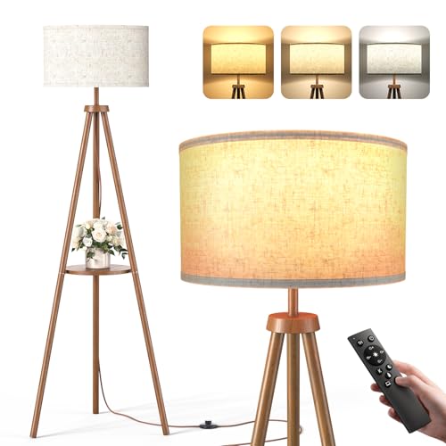 Tripod Floor Lamp with Storage Shelves - 12W Solid Wooden Standing Lamp with E27 Bulb & Remote Control, Corner Lights for Living Room, Bedroom, Dark Brown - Round Shelf