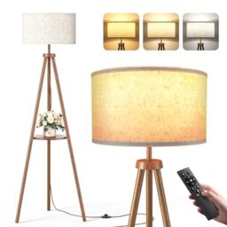 Tripod Floor Lamp with Storage Shelves - 12W Solid Wooden Standing Lamp with E27 Bulb & Remote Control, Corner Lights for Living Room, Bedroom, Dark Brown - Round Shelf