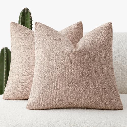 Foindtower Set of 2, Decorative Textured Boucle Throw Pillow Covers Accent Solid Pillow Cases Neutral Soft Cozy Couch Cushion Case for Chair Sofa Bedroom Living Room Home Decor 16 x 16 Inch Light Pink