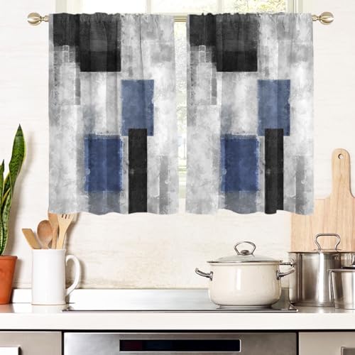 "AAtter Navy Blue Kitchen Curtains, Abstract, 27.5"" W x 45"" L, 2 Panels - Boys Rod Pocket Bathroom Window Drapes, Small Short Tiers for Men, Black and Grey Plaid, Cool Modern Geometric Checkered"