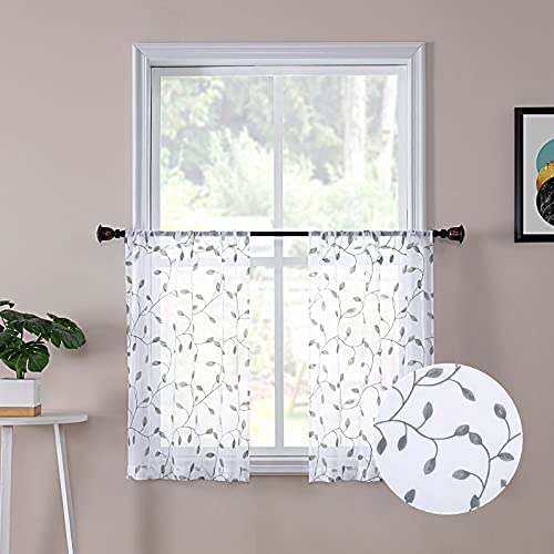Tollpiz Leaves Short Sheer Tier Curtains Grey Leaf Embroidery Kitchen Half Curtain Rod Pocket Voile Faux Linen Embroidered Leaves Curtains for Bathroom, 30 x 24 inches Long, Set of 2 Panels