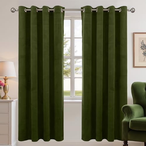 YoungsTex Olive Green Velvet Curtains 72 Inch Length for Living Room, Grommet Thermal Insulated Window Drapes Privacy Room Darkening for Bedroom, 2 Panels, 52 X 72 Inch