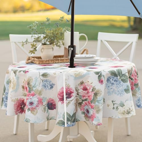 "Benson Mills Spillproof Spring/Summer Heavyweight Fabric Outdoor Tablecloth with Umbrella Hole, Zippered Table Cloth for Round Tables, Picnic/Patio Table (70"" Round with Umbrella Hole, Pamona)"