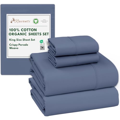 "RUVANTI 100% Cotton Organic Percale Sheets King Size, Wild Wind - 4 Piece Set, King Sheets, 15"" Deep Pocket, Soft Peach Finish, Crisp Cooling for Hot Sleeper, Breathable & Durable"