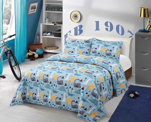 Kids Zone Collection Quilt Bedspread Set Kids/Teens Dinosaur Bedding Set, Blue and Yellow Prehistoric Theme Full/Queen New # Dino Aqua