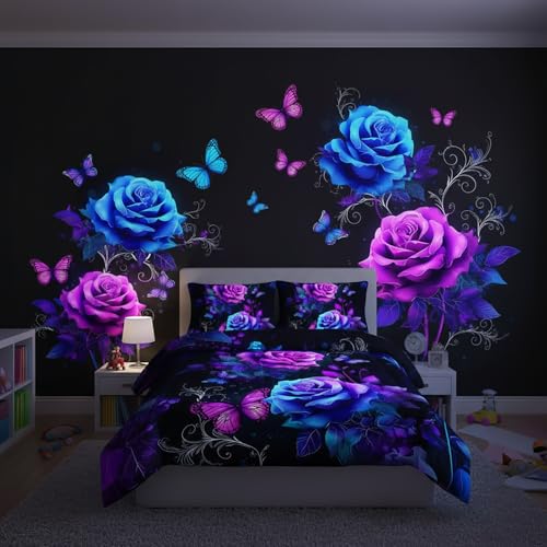 QOOMO 3Pcs Purple Rose Comforter Set Queen,Purple Floral Bedding Set for Teens Boys Girls,Butterfly Printed Comforter with 2 Pillowcases,Down Alternative,Soft and Lightweight
