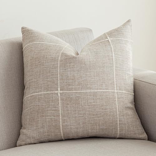 "vctops Rustic Lattice Cotton Linen Decorative Throw Pillow Cover Embroidery Square Cushion Cover Pillowcase for Sofa Bedroom Couch (Plaid Coffee,24""x24"")"
