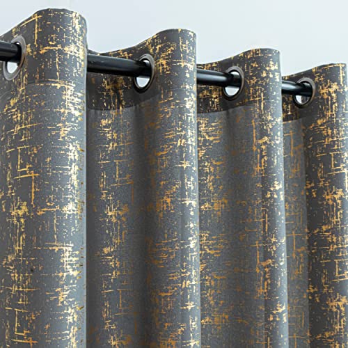 "Taisier Home Gold Foil Print Linen Textured Curtains - Geometric Dots Pattern Design for Nursery, Toy Room - Thermal Insulated Window Treatment, 2 Panels, 63"" L, Dark Grey and Gold"