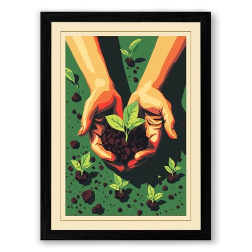 Hands Nurturing Growth Botanical Framed Wall Art Print A1 (84.1×59.4cm) Black, Wall Decor for Living Room, Bedroom, Office & Home, Ready to Hang, Art Gift