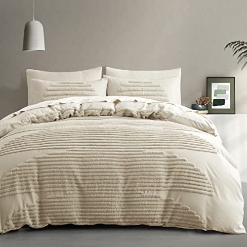 BEDAZZLED Queen Size Duvet Cover, Beige, 5 Pieces, Microfiber - Textured Duvet Cover Sets, Soft and Breathable, Boho Tufted Bedding Comforter Cover Set for Gifts, Comforter Not Included