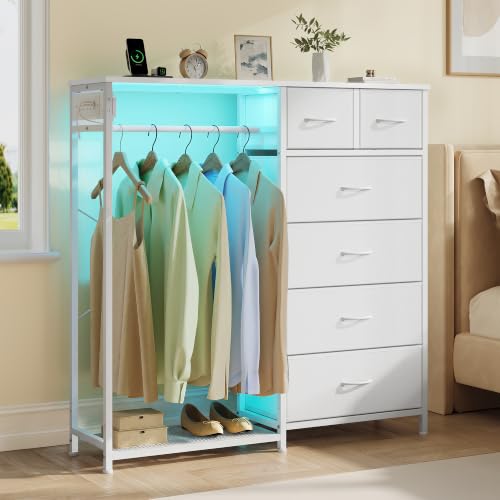 SONGMICS Chest of Drawers, Open Wardrobe, LED Lights, Charging Station - Garment Rack for Bedroom, 6 Fabric Drawers, Steel, 102.7 x 35 x 117.6 cm, Cloud White, BELLAH Collection LGS523W103