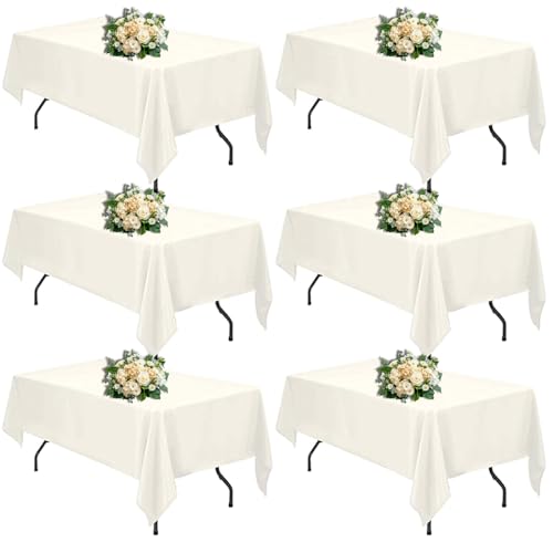 Ivory 6 Pack Polyester Table Cloth 60 x 102 Inch, Rectangle Tablecloths for 6 Foot Tables Washable Table Cloth for Party Wedding