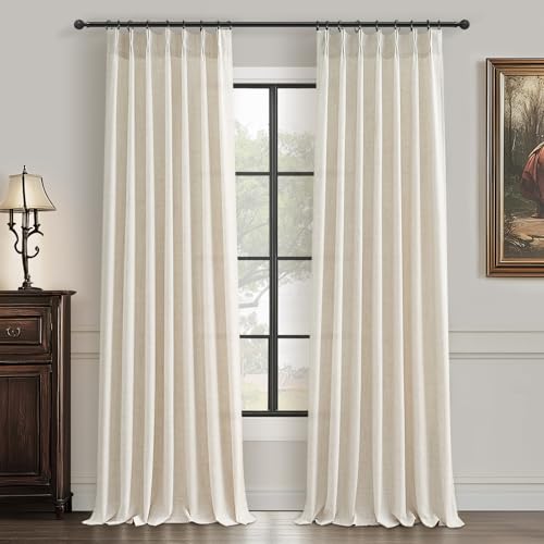 "PleatedDrapes 102 Inch Long Curtains for Living Room, Light Filtering Privacy Pinch Pleated Curtain Back Tab for Track System Semi Sheer Drapes Cream Ivory Faux Linen Textured 40"" W x 102"" L 2 Panels"