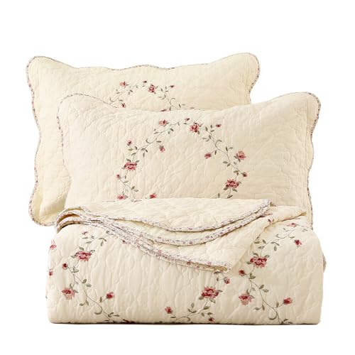 vctops 3 Piece Elegant Floral Embroidery Bedspread Set Plus Size Queen Size 100% Cotton Reversible Patchwork 1 Quilt and 2 Pillowcases (Flower, Plus Size Queen)