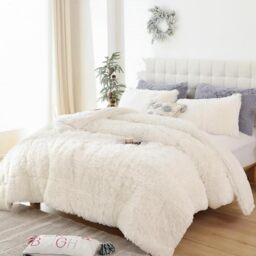 Smoofy Shaggy Comforter Set, Fluffy Comforter Set Queen/Full, 3 Piece Comforter, Ultra Soft Plush & Velvet Flannel Fabric, Beige, 1 Comforter(Filled) and 2 Pillowcases(No Filled)