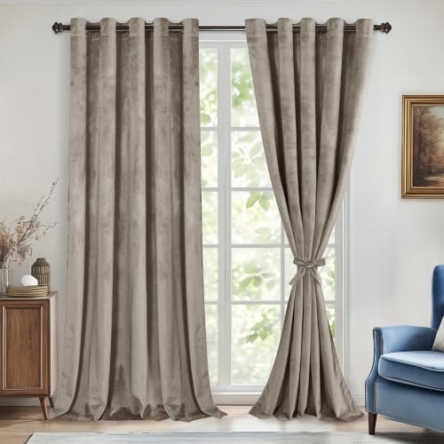 DWCN Velvet Curtains Extra Wide - Taupe Elegant Super Soft Bundleable Room Darkening Window Curtains Grommet Design Neutral Style Window Dressing for Bedroom/Living Room, W60 x L96, 2 Panels