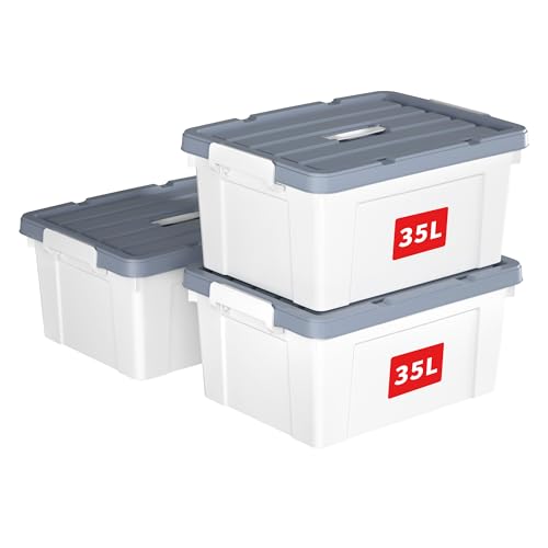 Cetomo 35L*3 Storage Boxes, Carry Plastic Storage Box with Lids, Organizing Container with Handle and Secure Latches, Nestable & Stackable Tote Box for Home Office, 35L-3 Pack, White