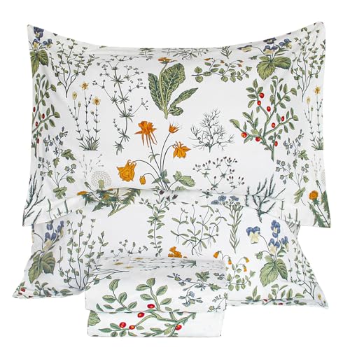 "QSH 100% Cotton Sheets for King Size Bed, Yellow Flowers Plant Pattern Botanical Luxury Cotton Printed Floral Bedding King Size Sheet with Deep Pockets 17"" Soft and Breathable 4pcs"