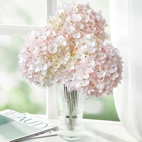 "ZYTUYO 3PCS Pink Hydrangea Artificial Flowers 25.6"" Large Fake Hydrangeas Flowers with Stems Faux Silk Bouquet for Indoor Home Decor Table Wedding Party Floral Outdoor Centerpieces"