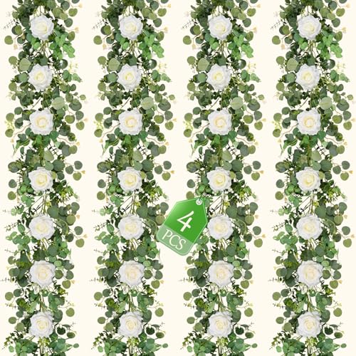 Livole 4Pcs 6.5FT Artificial Flower Garlands Real Touch Fake Floral Silk White Rose Garland Hanging Vine for Wedding Table Centerpieces Party Arch Ceremony Garlands Backdrop Decor