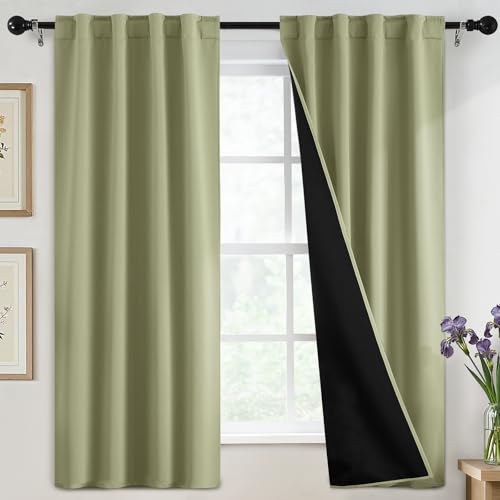 SimpleHome 100% Blackout 63 Inch Light Sage Curtains for Living Room - Curtains for Bedroom,Rod Pocket and Back Tab Window Drapes,Room Darkening Curtains with Black Back,40 x 63 Inch,2 Panels