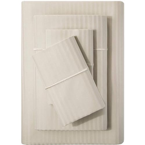 Feather & Stitch Queen Size Damask Stripe Sheet Set - 4 Piece Set, Ultra Soft 100% Cotton Sheets, 500 Thread Count Luxury Sateen Weave, Deep Pocket Bedsheets, with 2 Pillowcases (Queen, Beige)
