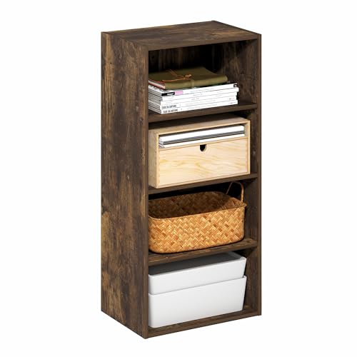 Furinno BASIC Book Shelf, 4-Tier Bookcase with Open Shelf, Bookshelf, Cube Storage Organizer, 11 x 17 x 35, for Living Room, Bedroom, Home Office, Amber PINE