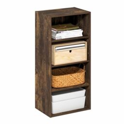 Furinno BASIC Book Shelf, 4-Tier Bookcase with Open Shelf, Bookshelf, Cube Storage Organizer, 11 x 17 x 35, for Living Room, Bedroom, Home Office, Amber PINE