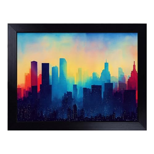 Lap Tray with Bean Bag Cushion, Watercolour City Skyline Abstract - Handmade in the UK, Raised Wooden Edge, Padded Cushion, Heat-Resistant Wipe-Clean Surface, for Meals, Laptops and Crafts