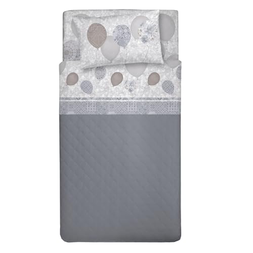PENSIERI DELICATI 3/4 Bed Sheet Set, 100% Cotton, 120 x 200 cm 3/4 Bed Sheet Set, Includes Bottom Sheet, Top Sheet & 1 Pillowcase, Made in Italy, Beige Balloons Pattern, King single