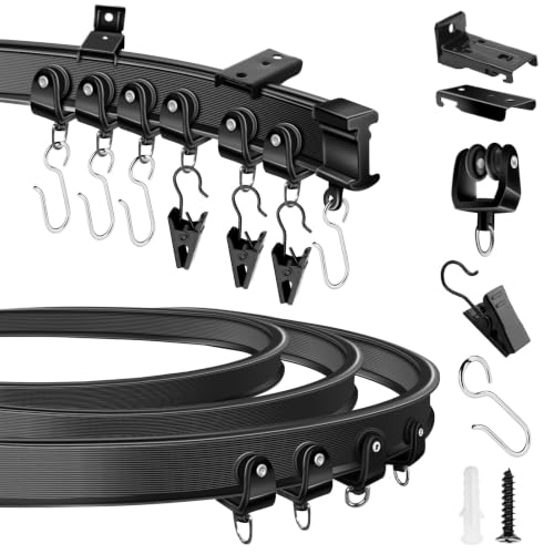 KOLAKO Ceiling Curtain Track, Curved Ceiling Curtain Track Bendable Wall Mount Black RV Curtain Rail 16Ft Heavy Duty Room Divider Flexible Ceiling Track Set for Bunk Bed Bay Window