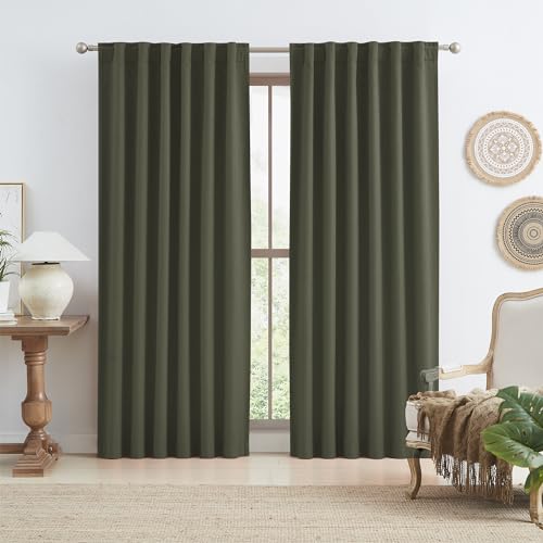 "KEQIAOSUOCAI Dark Olive Green Blackout Curtains, Faux Linen Textured Thermal Insulated Noise Reducing Curtains for Bedroom Living Room, Set of 2, 50"" x 96"""