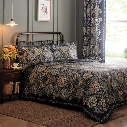 Appletree - Navy Traditional Floral Duvet Cover - Super King Bedding Size (260 x 220cm) - 100% Cotton - Reversible Designs - 2 Pillowcases - Bohemian Bedding - Fern & Daisy Flowers Duvet Cover in Blue