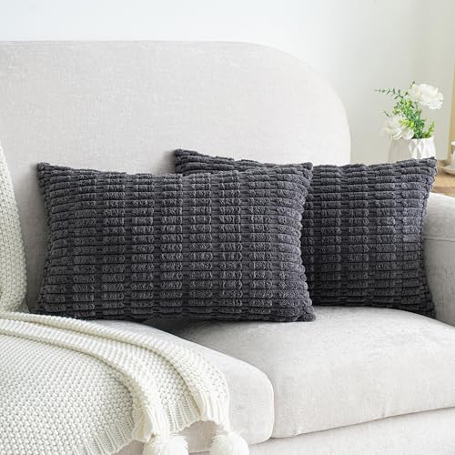 Smile of hope Pack 2 Dark Grey Corduroy Striped Throw Pillow Covers 12 x 20 - Striped decorative pillow covers with hidden zipper, anti-pilling, fade resistant & machine washable, farmhouse sofa decor