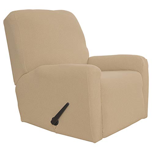 Easy-Going Recliner Stretch Sofa Slipcover Sofa Cover 4-Pieces Furniture Protector Couch Soft with Elastic Bottom Kids,Polyester Spandex Jacquard Fabric Small Checks(Recliner,Sand)
